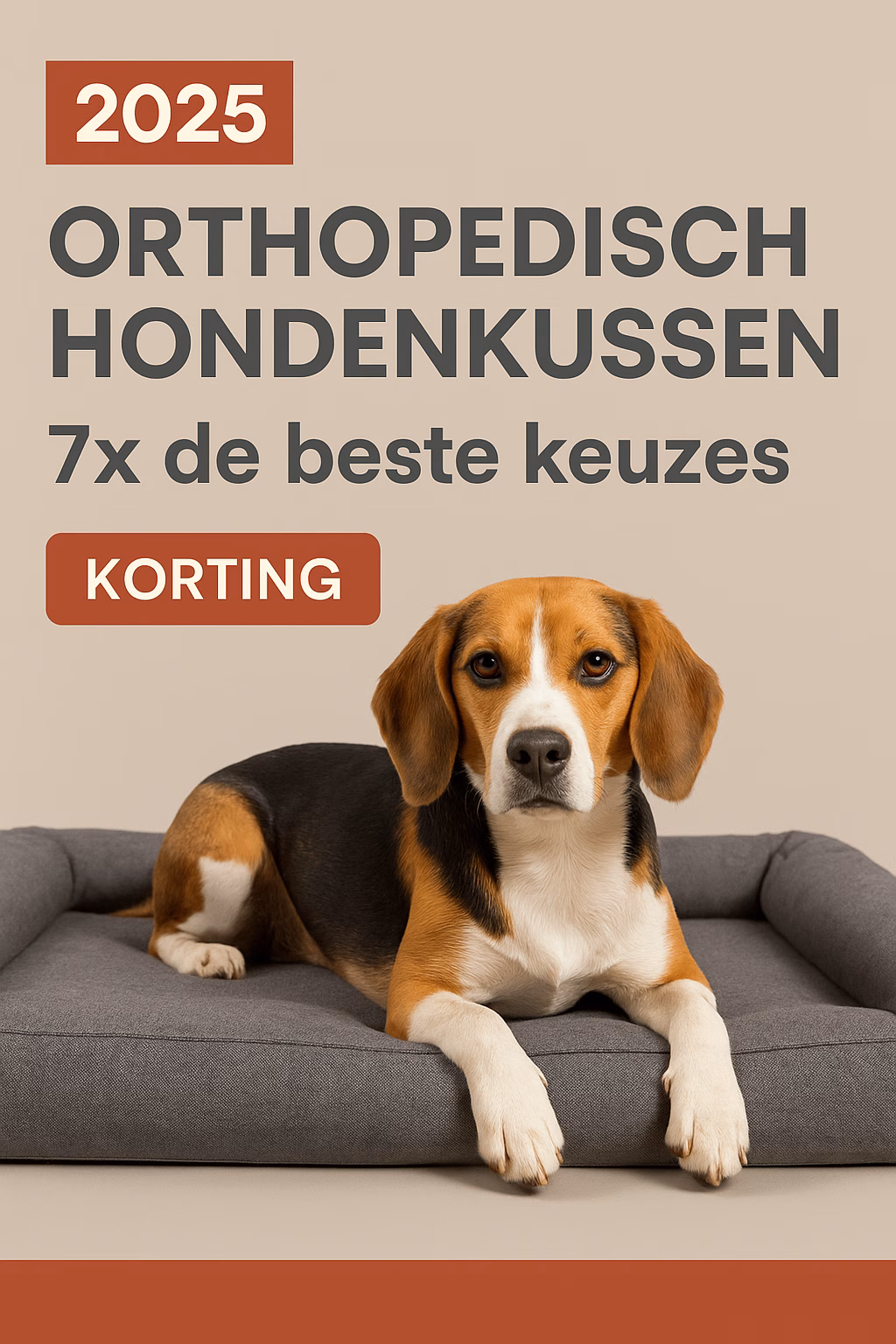 Beagle liggend op een grijs orthopedisch hondenkussen, met tekst “KORTING” en “2025” in moderne stijl – comfort en ondersteuning voor honden