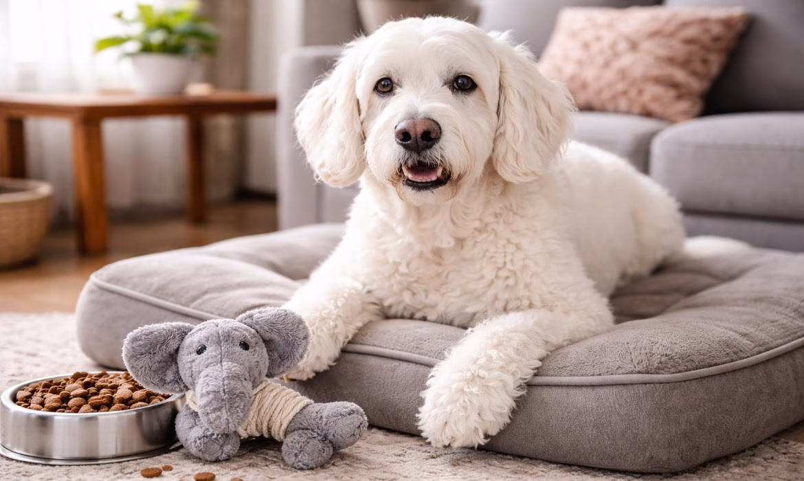 mijn hond wordt oud senior hond ligt op kussen binnen