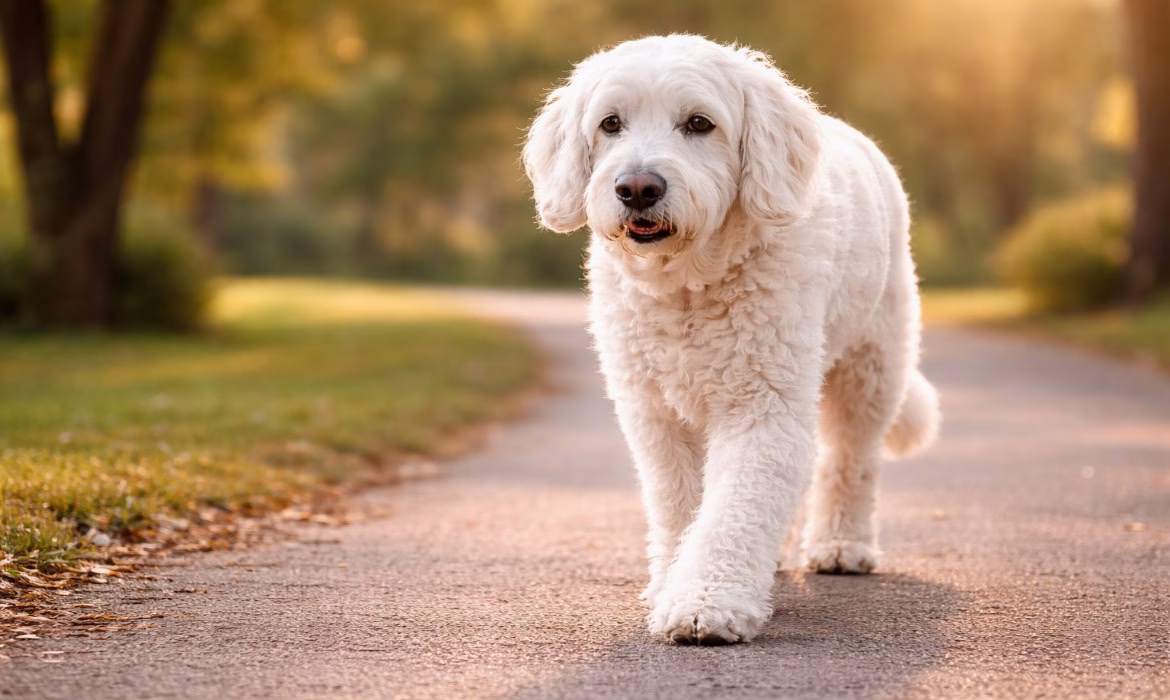 mijn hond wordt oud senior hond wandelt rustig buiten golden doodle