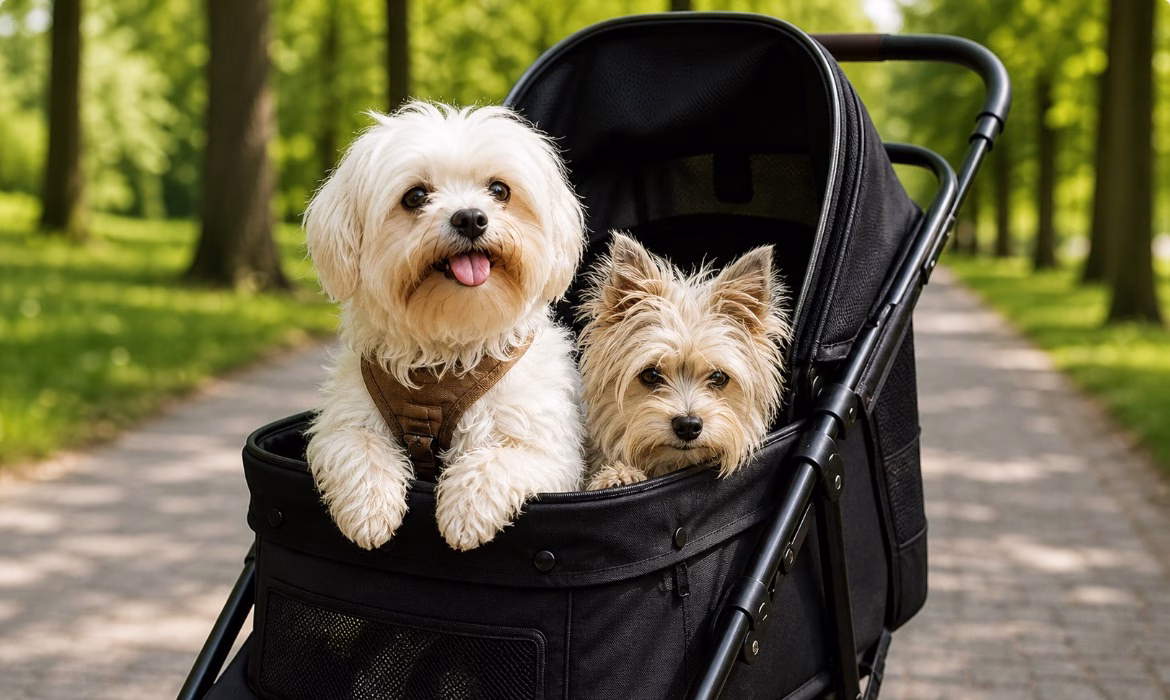 Yara en Rocky zitten samen ontspannen in een zwarte hondenbuggy tijdens een wandeling in het park