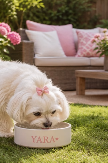 Maltezer Yara drinkt water uit haar waterbak op het gras in de tuin naast een gezellige loungeset met roze en witte kussens.