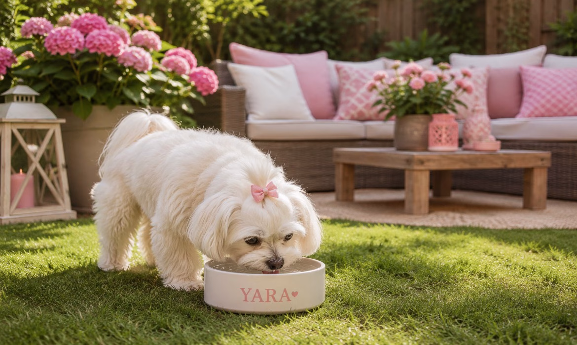 Maltezer Yara drinkt water uit haar waterbak op het gras in de tuin naast een gezellige loungeset met roze en witte kussens.