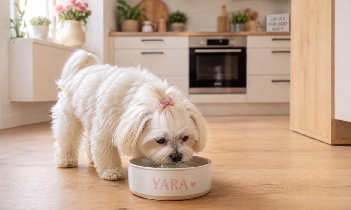 Hond drinkt veel water. Maltezer Yara drinkt uit haar waterbak in een lichte keuken. Een hond die veel water drinkt kan meer dorst hebben door warm weer, inspanning of een medische aandoening.