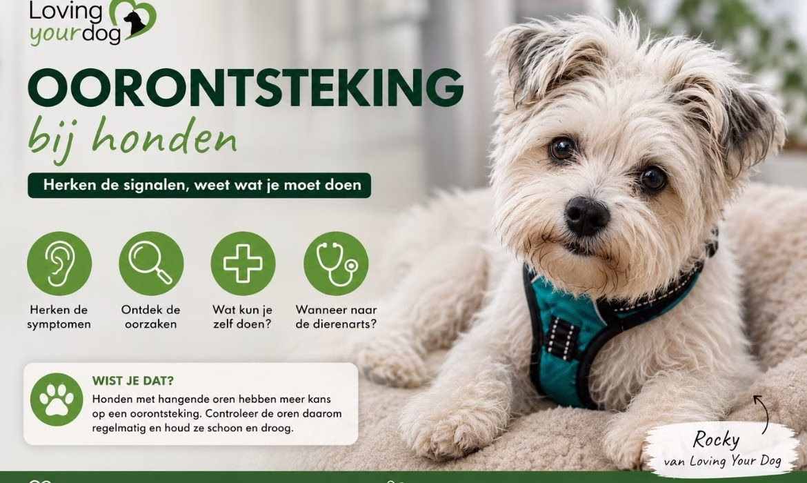 Rocky met blauw tuigje en informatie over oorontsteking bij honden en symptomen