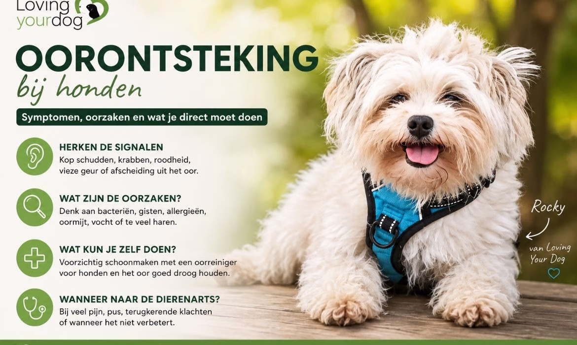Rocky met blauw tuigje en informatie over oorontsteking bij honden en symptomen