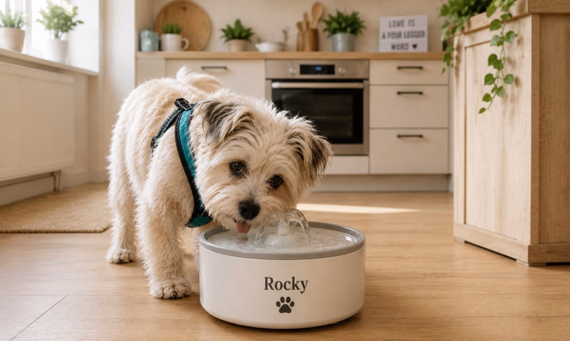 Rocky drinkt uit een waterfontein voor honden in een lichte keuken. Een drinkfontein kan helpen wanneer een hond meer water moet drinken of graag stromend water drinkt.
